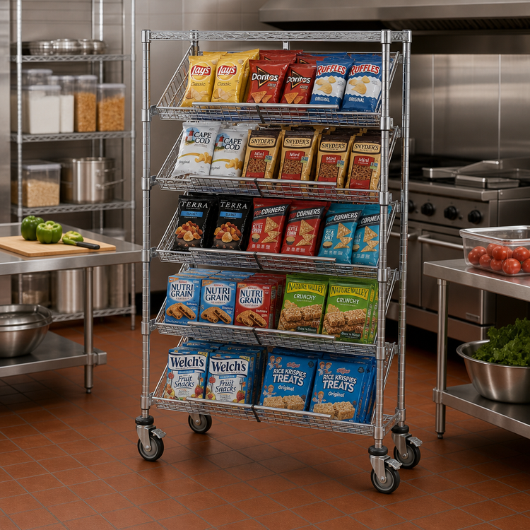 Product image #2 for Metro Super Erecta Adjustable 5-Shelf Slanted-Shelf Merchandiser/Dispenser Rack, 48 x 18 x 70 Inches, Open Wire, Locking Casters