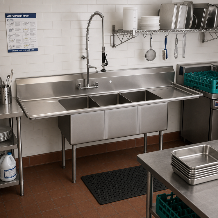 Product image #2 for BK Resources Three Compartment Sink with Left and Right Drainboards, 102-Inch Wide, 12-Inch Deep Bowls, 9-Inch Backsplash