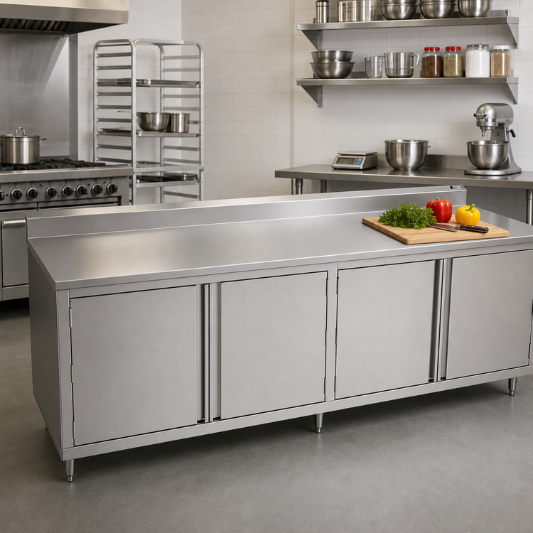 Product image #2 for John Boos 96 Inch x 24 Inch Enclosed Work Table with Hinged Door Cabinet Base and 14-Gauge 300 Series Stainless Steel Top