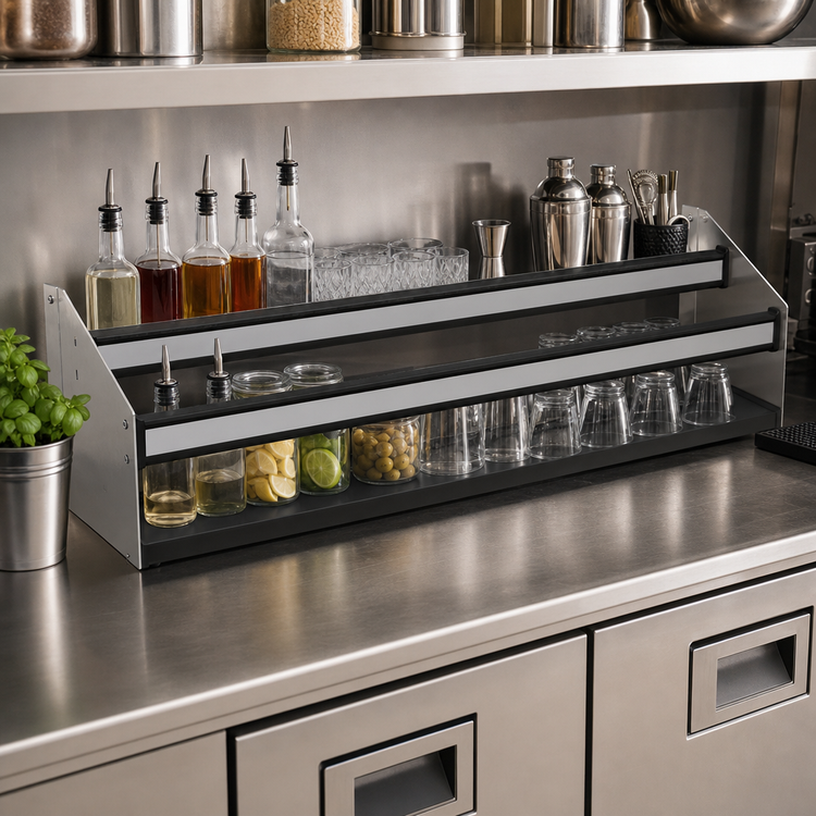 Product image #2 for Glastender Double Stainless Steel Speed Rail, 34-Inch Wide, Open Step-and-Rail Design