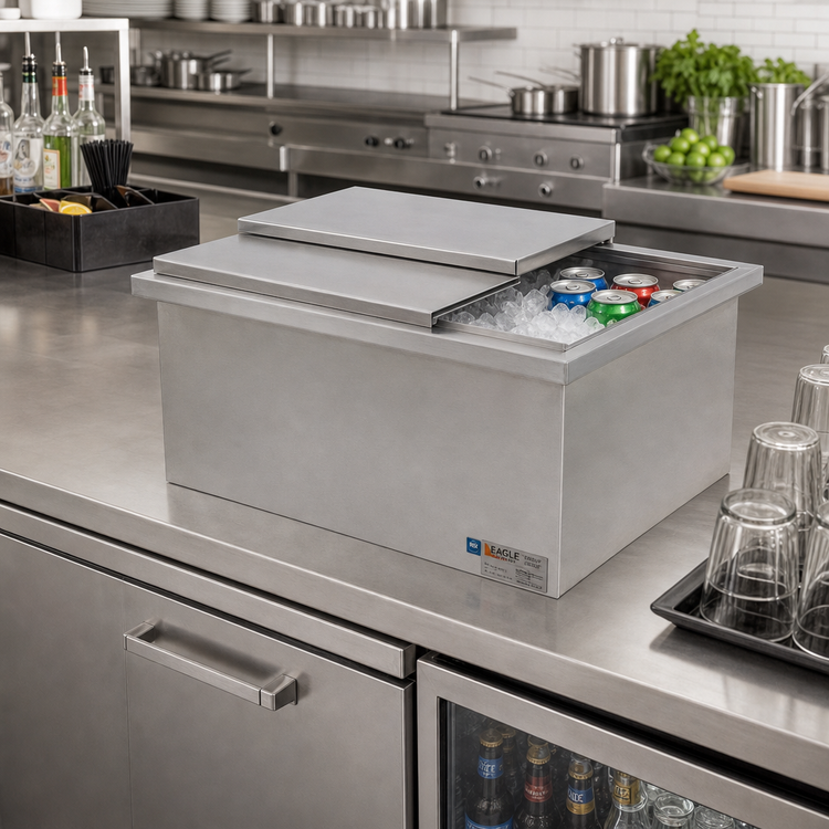 Product image #2 for Eagle Group Spec-Bar 18-Inch x 24-Inch Drop-In Ice Chest Without Cold Plate with Sliding Stainless Steel Cover