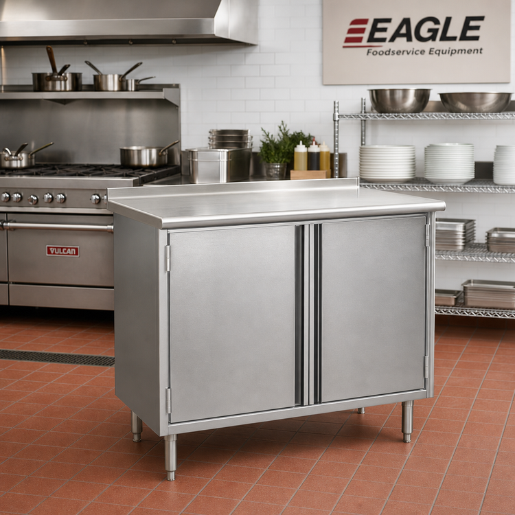 Product image #2 for Eagle Spec-Master 72-Inch x 30-Inch Enclosed Stainless Steel Work Table with Cabinet Base, Hinged Doors, and 1-1/2-Inch Rear Up-Turn