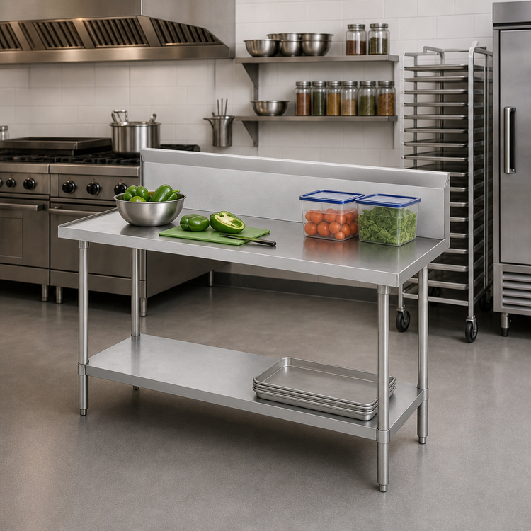 Product image #2 for Advance Tabco 48-Inch x 24-Inch 14 Gauge 304 Stainless Steel Work Table with 10-Inch Backsplash and Galvanized Undershelf