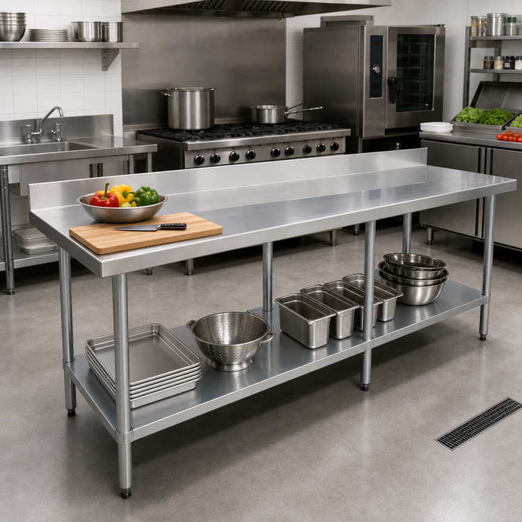 Product image #2 for Elite Series 84-Inch x 24-Inch Stainless Steel Work Table with 4-Inch Backsplash, Undershelf and 6 Legs