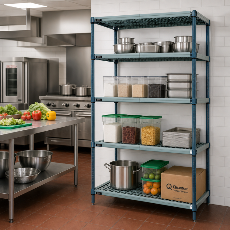 Product image #2 for Quantum 4-Tier Stationary Wire Plastic Mat Shelving Unit, 60-Inch W x 18-Inch D x 86-Inch H, Green Epoxy Antimicrobial Finish