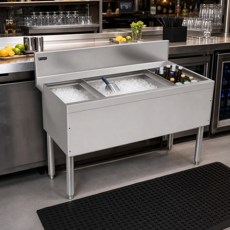 Product image #2 for Advance Tabco Prestige 54-Inch Stainless Steel Bar Ice Bin with Dual Bottle Wells, No Cold Plate