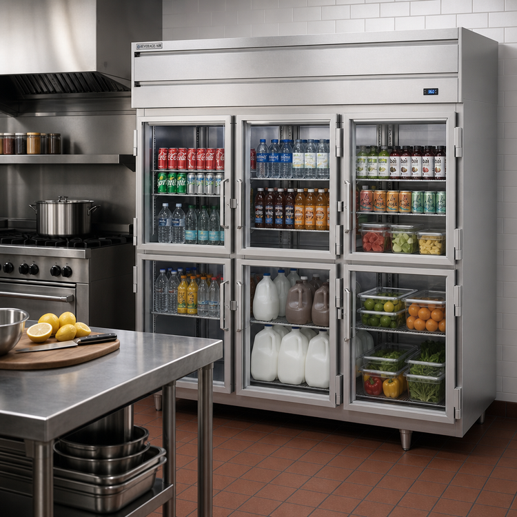 Product image #2 for Beverage-Air P-Series Three-Section Pass-Thru Reach-In Refrigerator with 12 Glass Half Doors, 73.99 Cu. Ft., Top-Mounted Self-Contained Refrigeration