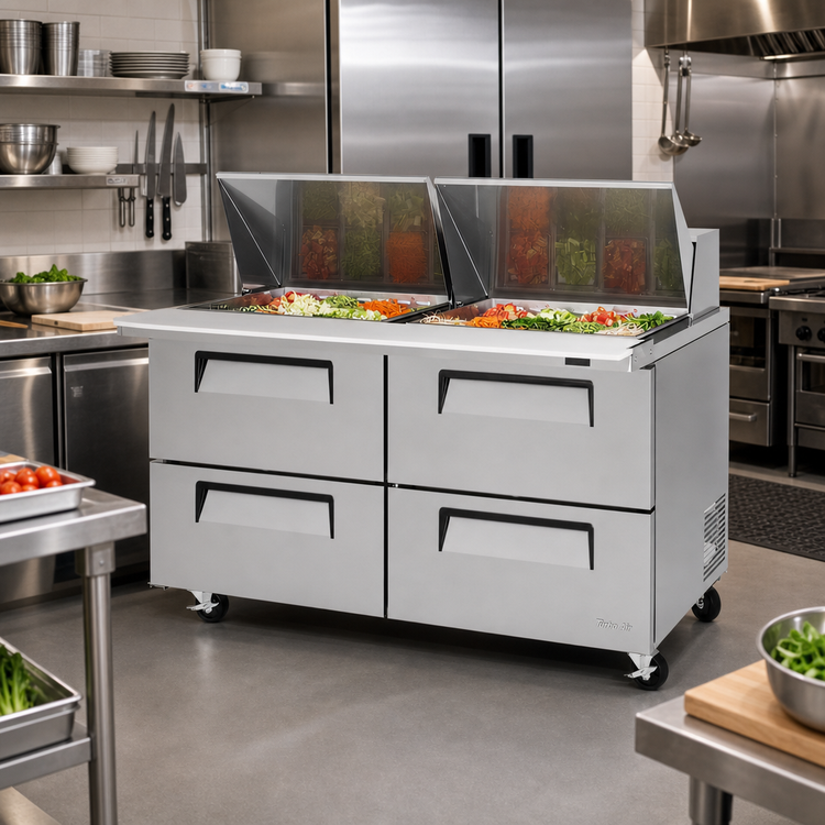Product image #2 for Turbo Air Super Deluxe 60-Inch Two-Section Sandwich/Salad Mega Top Prep Table with 4 Drawers and 24-Pan Opening