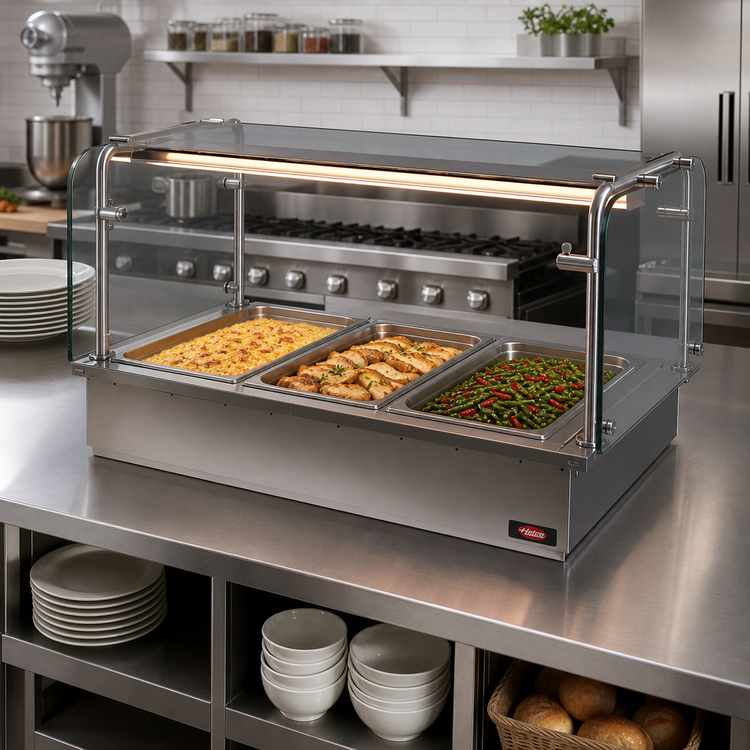 Product image #2 for Hatco Drop-In Insulated Hot Well Bundle with Sneeze Guard and Heat Lamp, 3 Full-Size Pans
