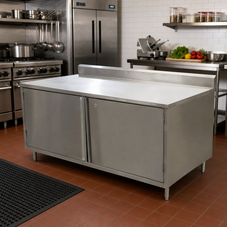 Product image #2 for BK Resources Stainless Steel Cabinet Base Work Table with Hinged Doors and Lock, 72 x 36 Inches, 5-Inch Back Riser