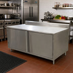 Thumbnail image #2 for BK Resources CSTR5-3672HL Stainless Steel Enclosed Work Table, Cabinet Base, Hinged Locking Doors, 72 x 36 in, 14-Gauge Top, 5-in Back Riser