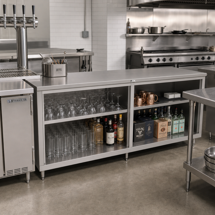 Product image #2 for John Boos Stainless Steel Open Front Underbar Work Table Cabinet Base, 120 x 24 Inches, Flat Top