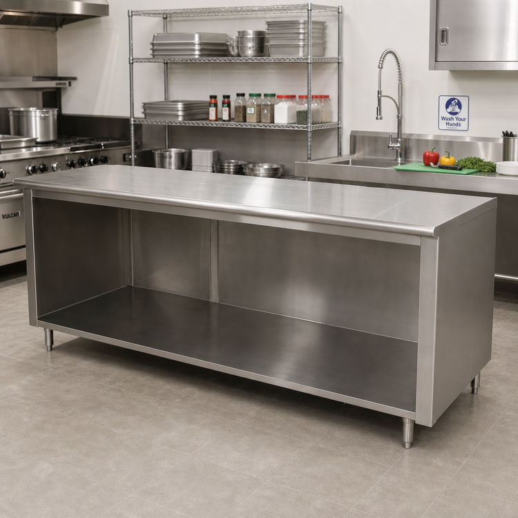 Product image #2 for Advance Tabco 96-Inch x 30-Inch Flat Top Stainless Steel Work Table with Open Front Cabinet Base, 14-Gauge 304 Top