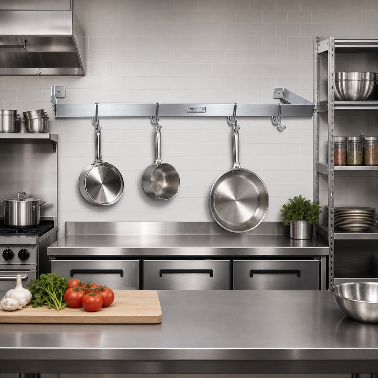 Product image #2 for John Boos 48-Inch Wall-Mount Single-Bar Stainless Steel Pot Rack with 4 Double Hooks
