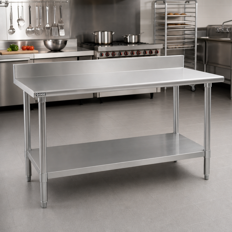 Product image #2 for Eagle Group Budget Series 84-Inch x 30-Inch Work Table with 4-1/2-Inch Backsplash, 430 Stainless Steel Top, and Undershelf