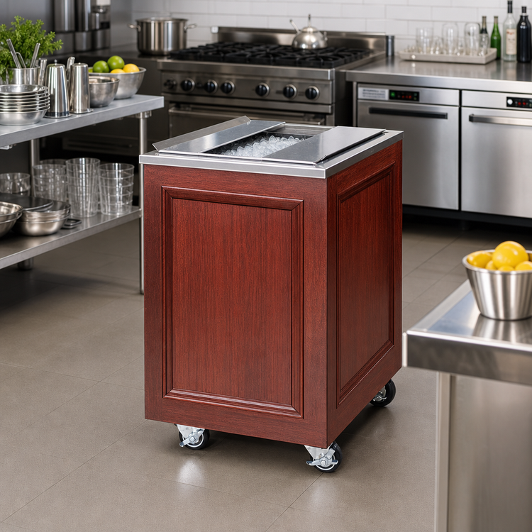 Product image #2 for Architectural Series Mobile Insulated Ice Cart, 200 lb Capacity, Mahogany Wood Exterior, Sliding Stainless Steel Lid