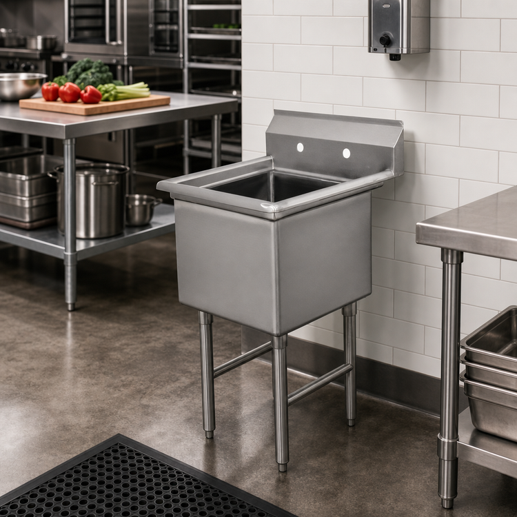 Product image #2 for Advance Tabco 1-Compartment Fabricated Sink with Legs, 16" x 20" Bowl, 304 Stainless Steel, No Drainboards