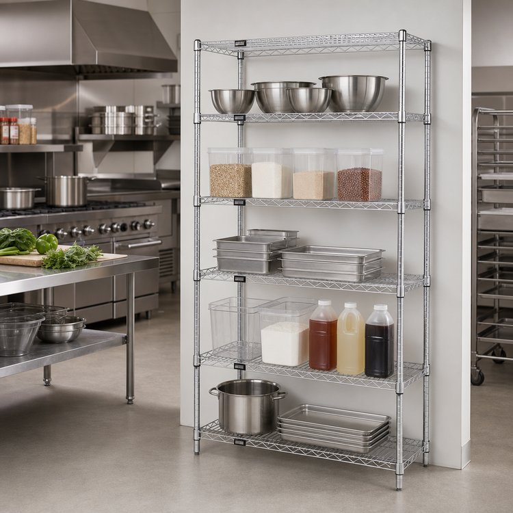 Product image #2 for Quantum Stationary 5-Shelf Wire Shelving Starter Kit, 30"W x 14"D x 54"H, Chrome Plated
