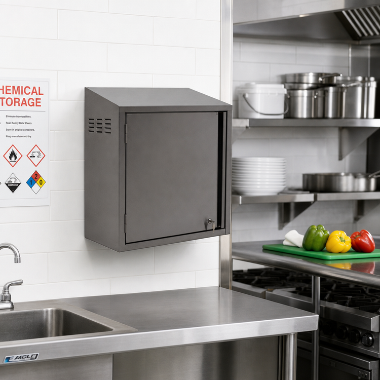 Product image #2 for Eagle Group Wall-Mounted Chemical Storage Cabinet with Sloped Top and Left-Hinged Door, 24 x 15 x 28 Inches