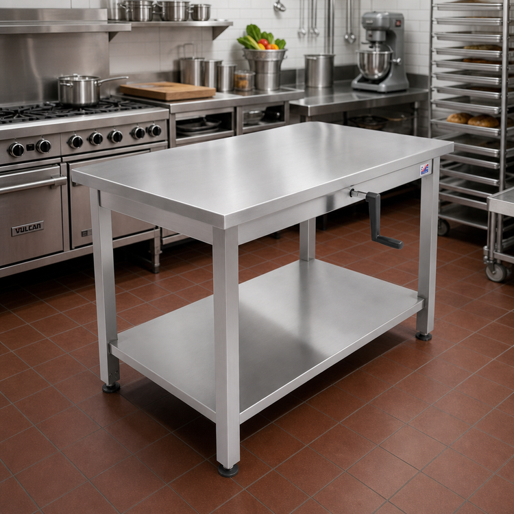 Product image #2 for John Boos ADA Adjustable-Height Hydraulic Lift Work Table with 16 Gauge Stainless Steel Top, 60 x 30 Inches