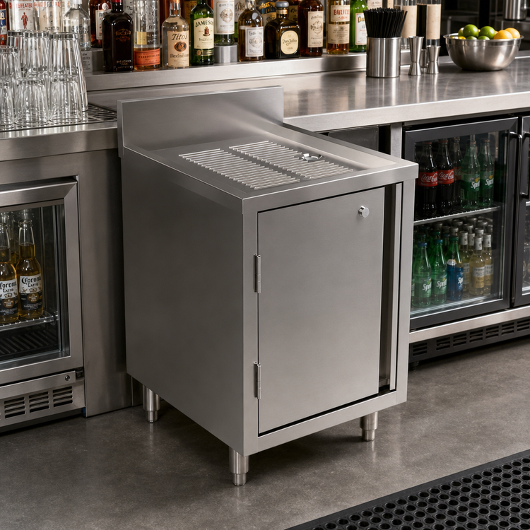 Product image #2 for BK Resources UBC-1821HL Freestanding Stainless Steel Underbar Cabinet with Hinged Door and Lock, 18-Inch Drainboard Top, 4-Inch Riser