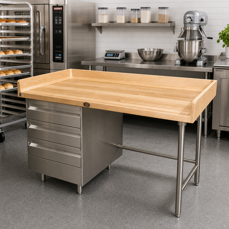 Product image #2 for Advance Tabco 96-Inch Wood Top Bakers' Work Table with Left 3-Drawer Bank, 4-Inch Splashes, and Galvanized Base
