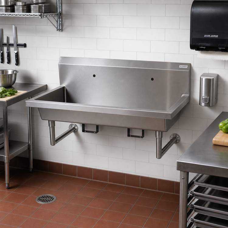 Product image #2 for BK Resources 48-Inch Two-Station Wall-Mounted Stainless Steel Handwash Sink with Knee Valve Bracket