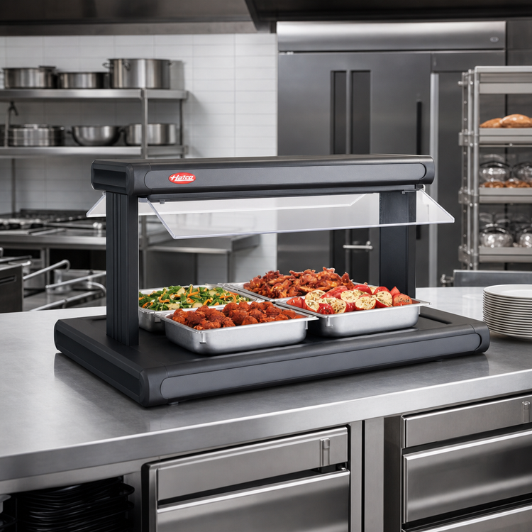 Product image #2 for Hatco Glo-Ray® 60-Inch Countertop Pass-Thru Buffet Warmer with Heated Base, Double Acrylic Sneeze Guards and 4-Pan Capacity