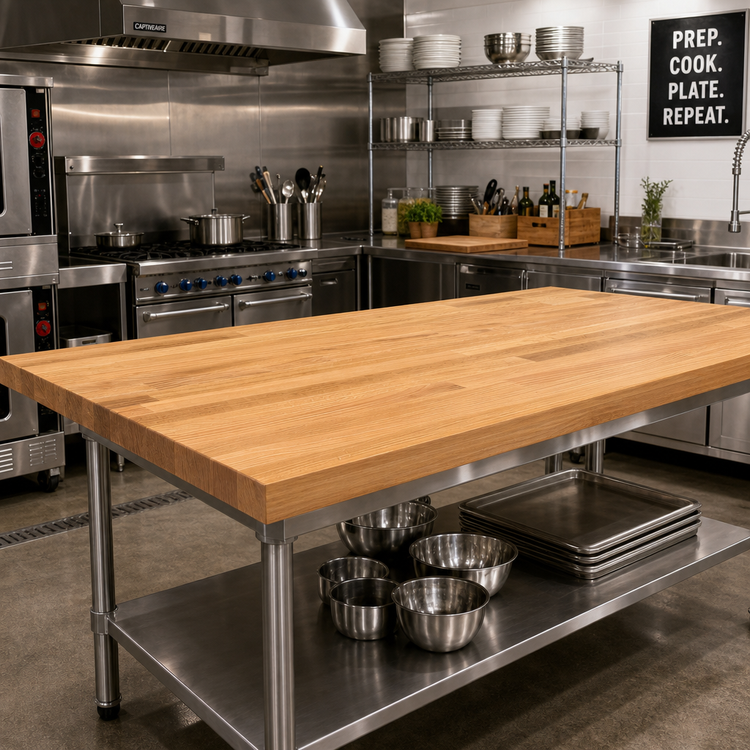Product image #2 for John Boos Appalachian Red Oak Blended Edge Grain Island Countertop, 108 x 36 x 1-1/2 Inch, Varnique Finish
