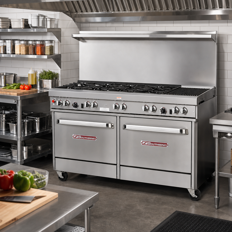 Product image #2 for Ultimate 60-Inch Commercial Gas Restaurant Range with 5 Open Burners, 24-Inch Charbroiler and 2 Convection Ovens