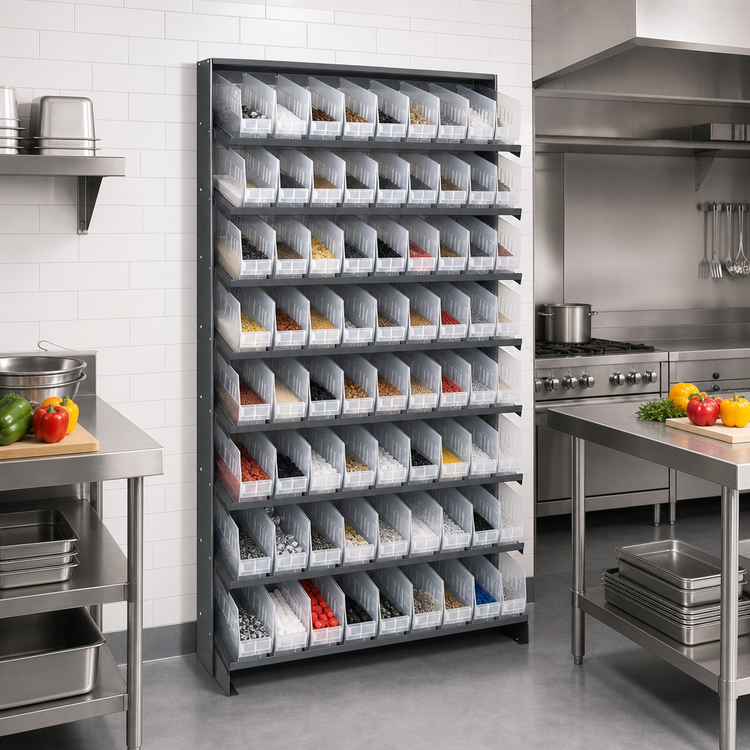 Product image #2 for Quantum Sloped Single-Sided Pick Rack with 8 Shelves and 64 Clear Bins