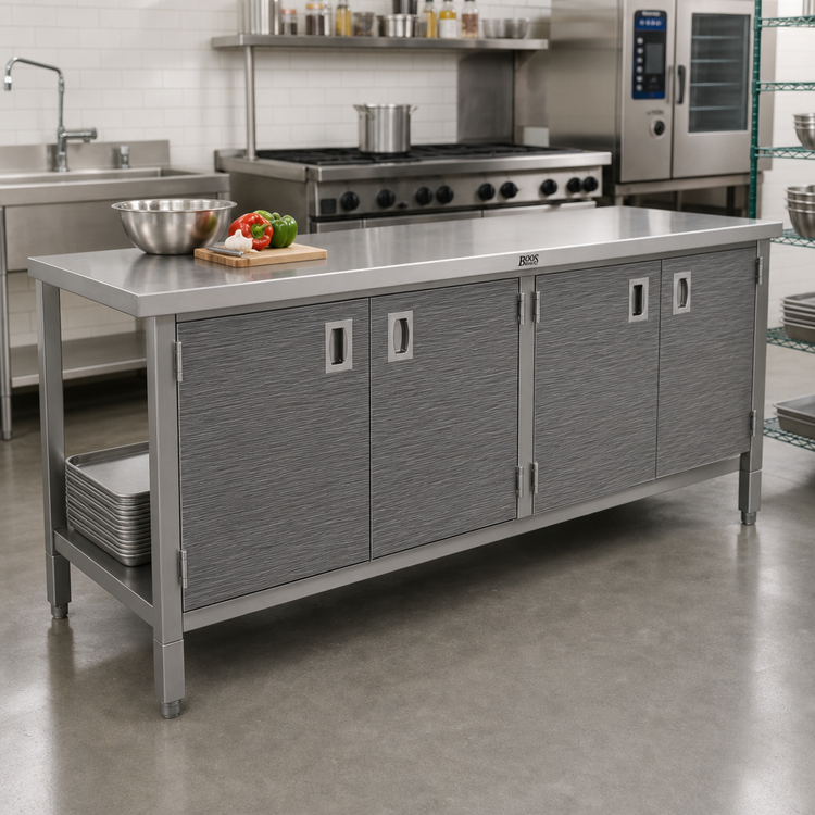 Product image #2 for John Boos Stainless Steel Enclosed Work Table Cabinet Base with Hinged Doors and Undershelf, 120 x 24 Inches