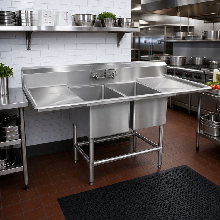 Product image #2 for Eagle Spec-Master FN Series Two-Compartment Stainless Steel Sink with Left and Right Drainboards, 92 Inch Wide