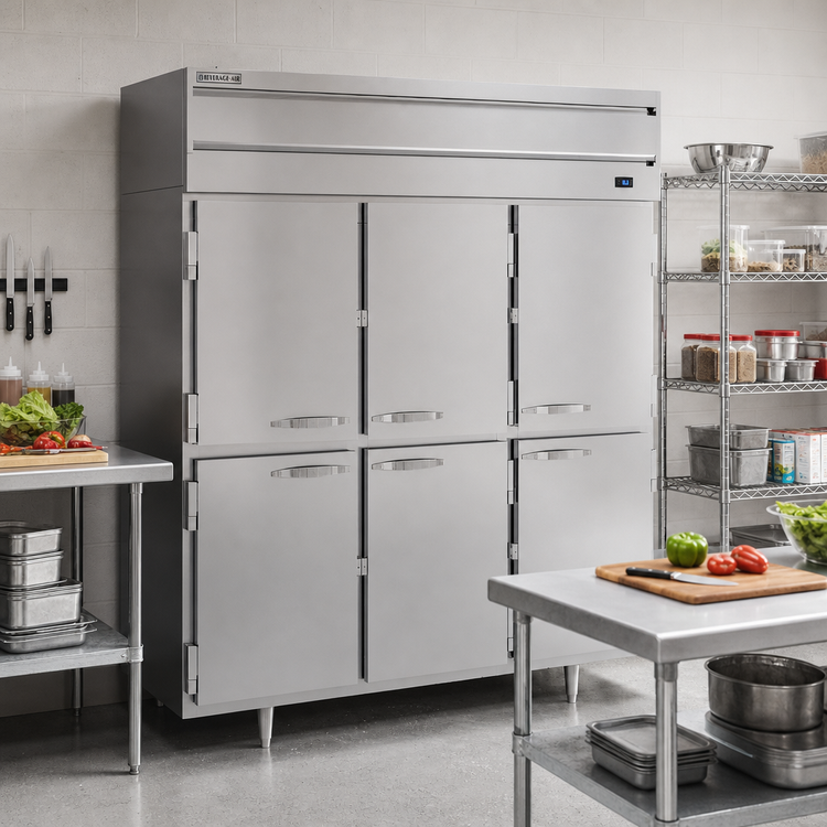 Product image #2 for Beverage Air P-Series Three-Section Reach-In Refrigerator with Lockable Solid Half Doors, 68.34 Cu. Ft., Top-Mounted Self-Contained Refrigeration