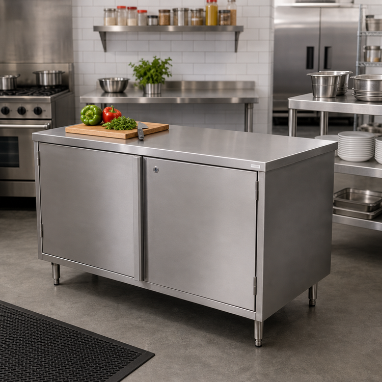 Product image #2 for BK Resources 60-Inch x 24-Inch Single-Sided Stainless Steel Chef Table with Cabinet Base and Hinged Doors