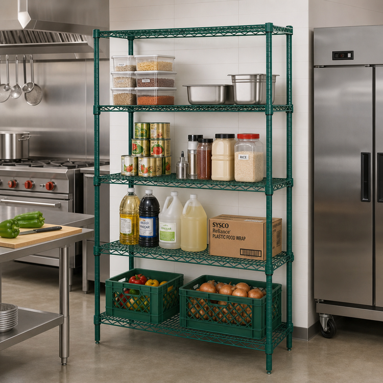 Product image #2 for Quantum 48"W x 14"D x 86"H Stationary Wire Shelving Starter Kit, 5 Shelves, Green Epoxy Antimicrobial Finish