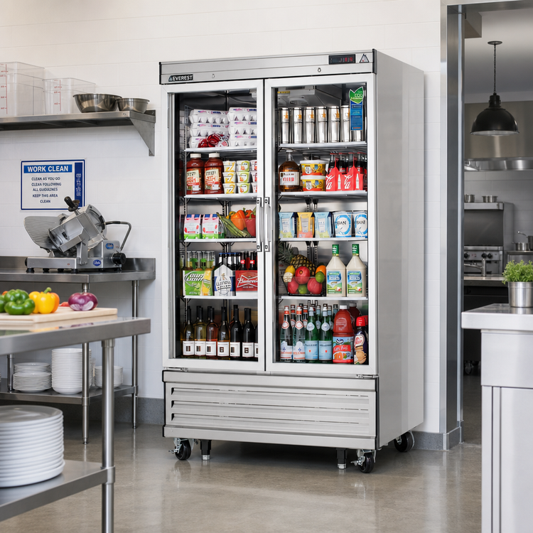 Product image #2 for Everest Refrigeration EBGNR2 Two-Section Bottom Mount Upright Reach-In Glass Door Refrigerator, 33 Cu. Ft., Stainless Steel