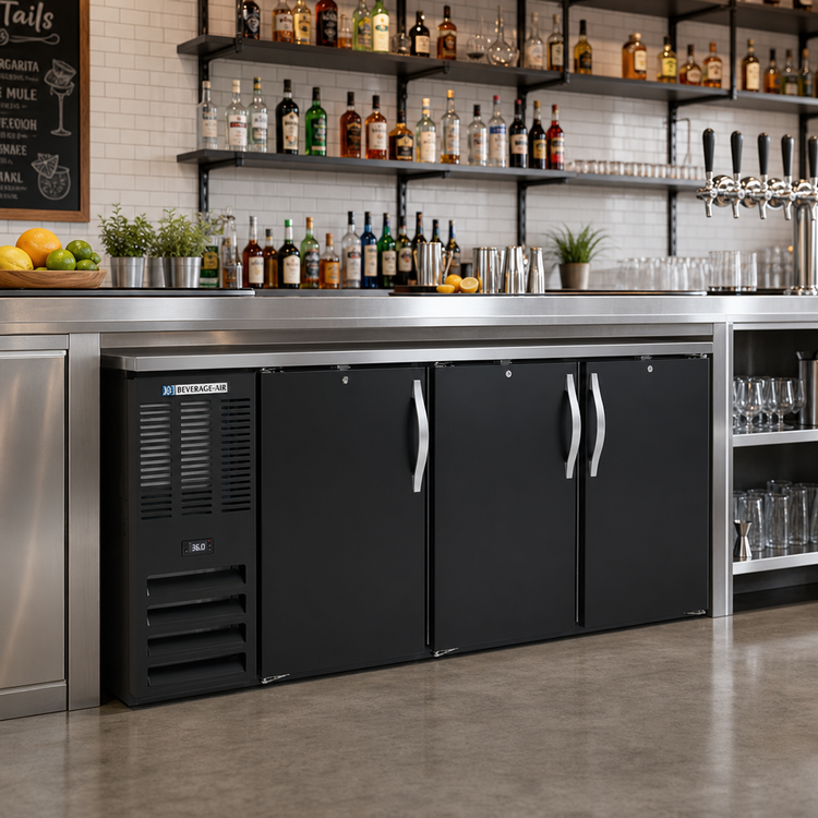 Product image #2 for Beverage Air BB72HC-F-PT-B Three-Section 72-Inch Pass-Thru Food-Rated Back Bar Refrigerator with Solid Doors