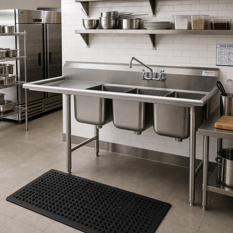 Product image #2 for Eagle Group 414 Series Three-Compartment Sink with 18-Inch Left Drainboard, 430/304 Stainless Steel, 74-3/8-Inch Wide