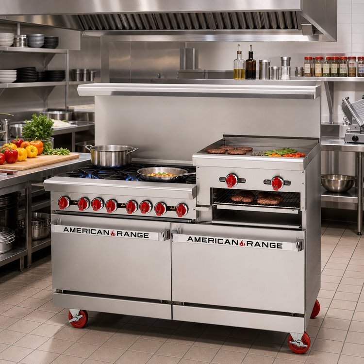 Product image #3 for American Range 60-Inch Gas Restaurant Range with 4 Open Burners, 36-Inch Raised Griddle/Broiler, and 2 Standard Ovens