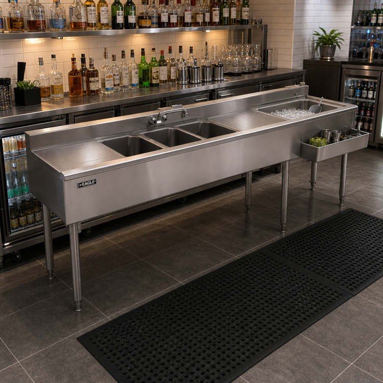 Product image #2 for Eagle Group 1800 Series 120-Inch Underbar Combination Unit with 3 Sink Bowls, 2 Drainboards, and Right Ice Bin