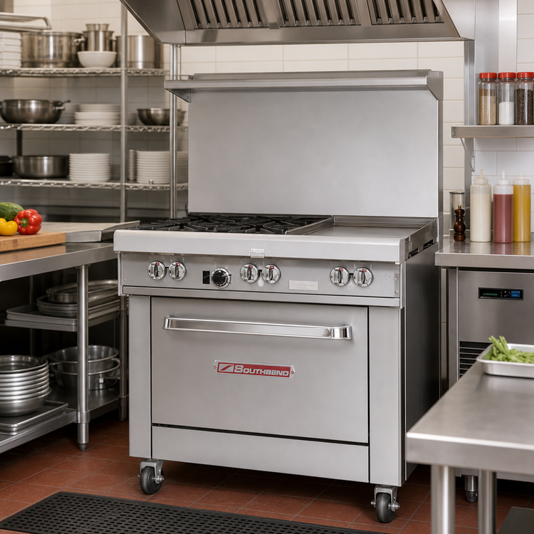 Product image #2 for Southbend Ultimate 36-Inch Commercial Gas Restaurant Range with 2 Non-Clog Open Burners, 24-Inch Griddle and Cabinet Base