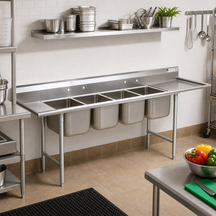 Product image #2 for Eagle Group 314 Series Four-Compartment Sink with 18-Inch Right-Hand Drainboard, 304 Stainless Steel