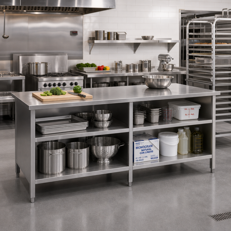 Product image #2 for John Boos 84-Inch x 24-Inch 16-Gauge Stainless Steel Open-Front Enclosed Base Work Table