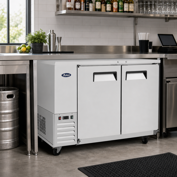 Product image #2 for Atosa Shallow Depth Two-Section Back Bar Cooler with Locking Solid Doors, 48 Inch, 11.5 Cu. Ft.