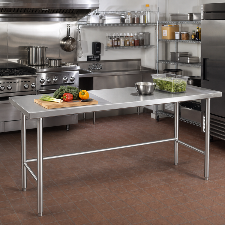 Product image #2 for Advance Tabco 120-Inch x 36-Inch 14-Gauge 304 Stainless Steel Open Base Work Table with Countertop Edge