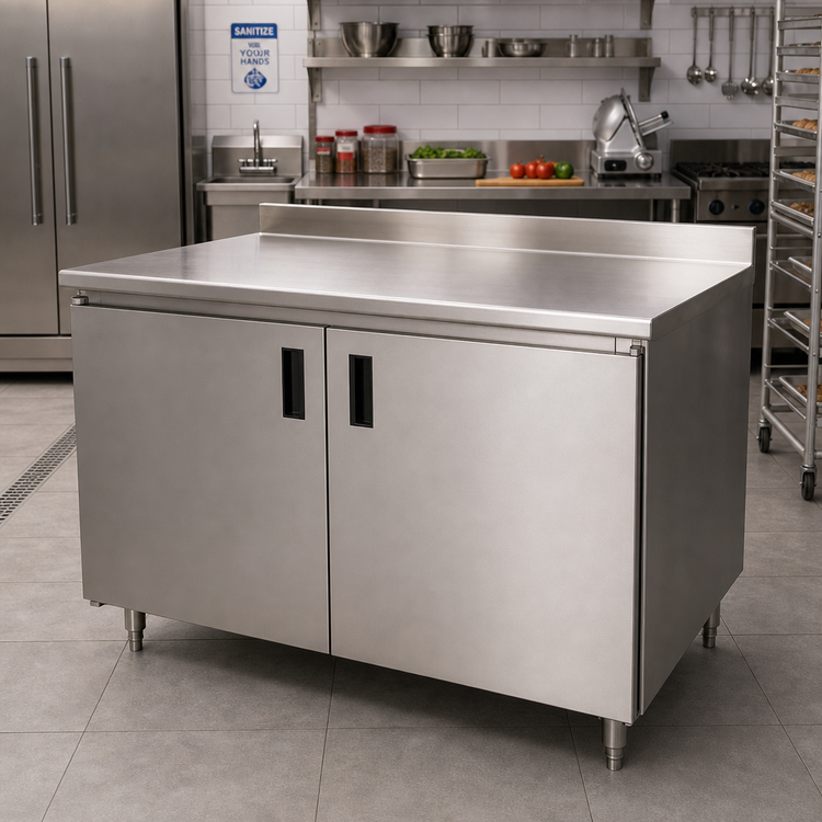 Product image #2 for Advance Tabco 72-Inch Enclosed Work Table with Cabinet Base, Mid-Shelf, Hinged Doors, and 14-Gauge 304 Stainless Steel Top