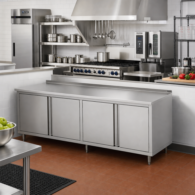 Product image #2 for John Boos Enclosed Work Table with Cabinet Base and Hinged Doors, 132 x 36 Inches, 16-Gauge Stainless Steel Top, 1-1/2-Inch Rear Riser