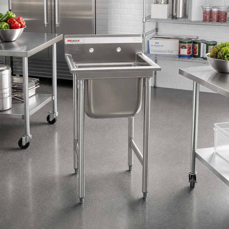 Product image #2 for Eagle Group 314 Series 1-Compartment Sink with 18 Inch Left Drainboard, 304 Stainless Steel, 38-7/8 Inch Wide