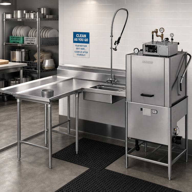 Product image #2 for Eagle Group Island Soiled Dishtable with Dish Landing Shelf and Pre-Rinse Sink, Right-to-Left